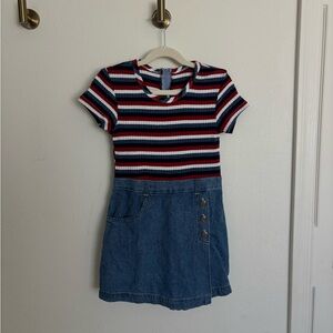 Vintage girls Navy blue denim skort romper with button up front and pockets.